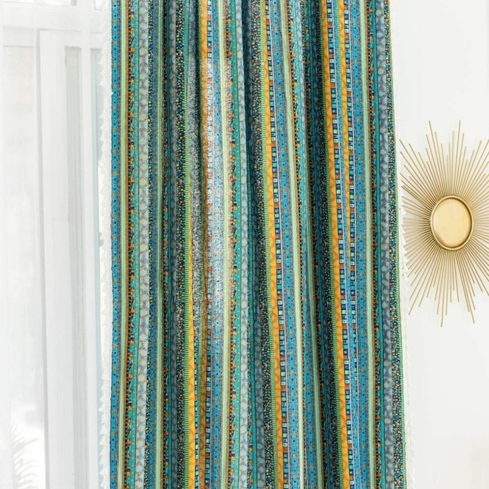 Blue & yellow stripe bohemian linen blend curtain panels (2) - Picture 4 of 7
